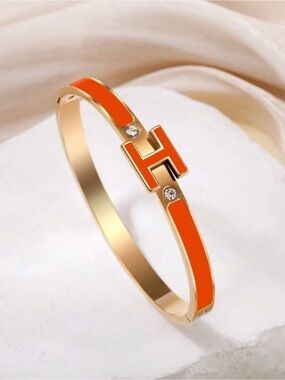 New Arrivals ! Gold-Tone Orange Enamel H-Bangle Bracelet - Women's Jewelry